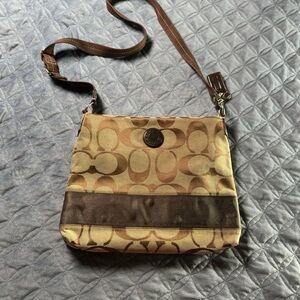 Coach Tan and Brown Crossbody Bag with Signature Monogram